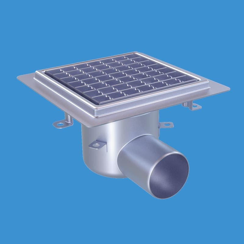 Golvbrunn FURO 104 i syrafast rostfritt stål, sidoutlopp 75 mm, L15 dimension 173x173 mm